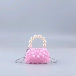 Pink acrylic beaded mini handbag with white pearl handle and silver metal chain strap