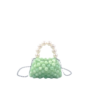Pastel green marble beaded mini handbag with large pearl handle and silver chain strap