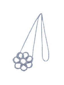 Silver flower pendant necklace with beaded petals and polished metal box chain