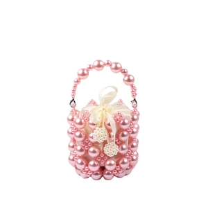 Pink pearl beaded bucket handbag with satin drawstring inner bag and bow decoration