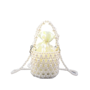 Handmade pearl beaded bucket bag with drawstring inner pouch and long shoulder strap