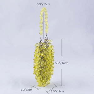 Yellow beaded handbag with teardrop crystals and circular handle, 14x14x3cm size