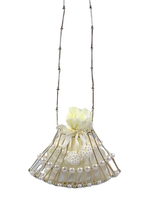 Mini pearl woven fan-shaped evening bag with satin drawstring pouch and gold metal frame