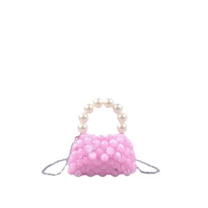 Pink acrylic beaded handbag with large pearl handle and silver metal chain strap