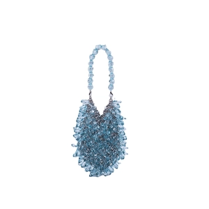 Handmade light blue acrylic crystal beaded handbag with drop shape beads and round handle