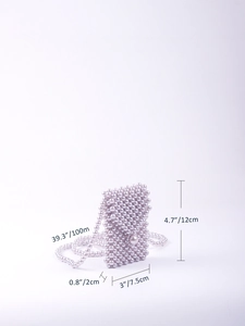 Detailed size chart for handmade pearl beaded mini bag with strap length measurements