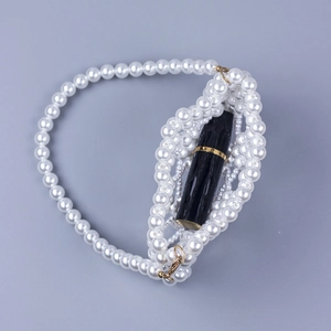Handmade white faux pearl mini handbag for party with compact interior for lipstick