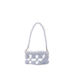 Handmade white faux pearl woven evening bag with gold hardware for elegant occasions