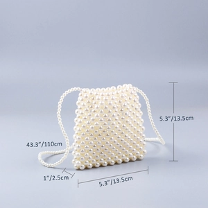 Detailed size specs for handmade pearl beaded crossbody bag showing 13.5cm dimensions