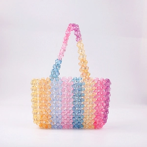 Handmade Rainbow Beaded Handbag Acrylic Transparent Woven Tote Bag For Women Summer Beach Party Accessory