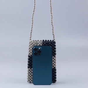 Handmade beaded crossbody bag in black and silver checkered pattern for smartphones