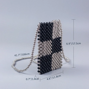 Detailed size specifications for a handmade black and silver beaded checkered phone bag