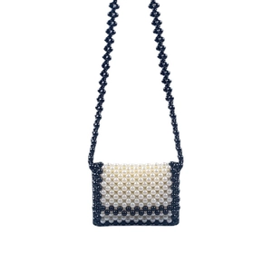 Handmade mini woven acrylic crossbody bag with black and white pearl beads design