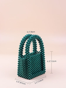 Detailed dimensions of dark green handmade woven pearl mini handbag with double handles