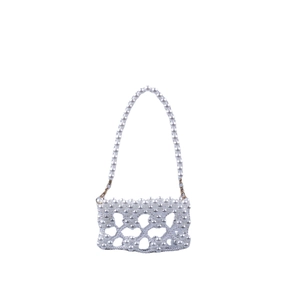 Handmade white faux pearl beaded handbag with heart cutout pattern and gold metal clips
