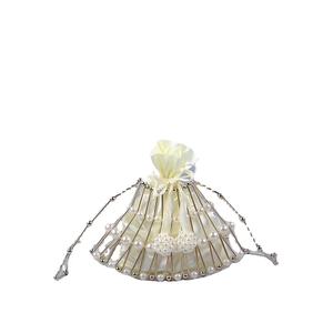 Handcrafted pearl beaded fan-shaped evening clutch bag with golden metal frame