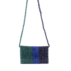 Sac bandoulière artisanal en perles acryliques avec design colorblock vert bleu et violet