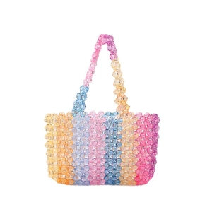 Handmade rainbow beaded tote bag with colorful gradient acrylic beads and round handles