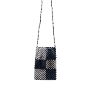 Handmade woven silver and black checkered beaded crossbody phone bag with shoulder strap