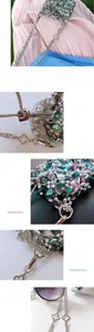 Detail of colorful crystal beaded drawstring bucket bag with silver clover heart chain