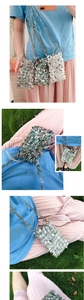 Detailed views of handmade iridescent crystal beaded mini crossbody bag with metal chain