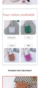 Détail de quatre mini-sacs en perles en couleurs transparent, vert, orange et rose