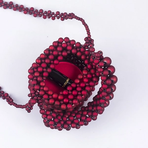 Handmade wine red beaded bucket bag with shoulder strap and acrylic honeycomb texture
