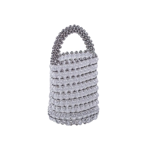Sac à main cylindrique perlé minimaliste avec perles transparentes et argentées