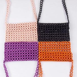 Handmade acrylic beaded crossbody bags in pink, black, purple, and orange grid pattern