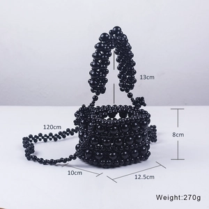 Detail showing dimensions and specifications for the black beaded acrylic bucket bag