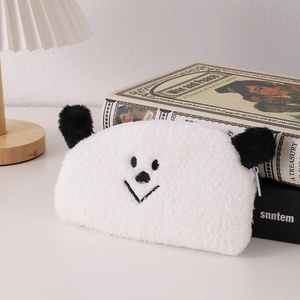Trousse à crayons ours en peluche blanc avec fermeture éclair et grande capacité