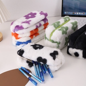 Plush floral pencil case for students made of soft faux rabbit fur with metal zipper