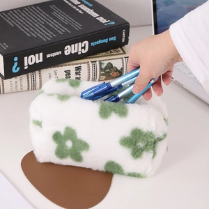 Cute white plush pencil case with green flower patterns and spacious zipper compartment