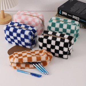 Large checkerboard plush pencil cases in five colors with soft texture and metal zippers