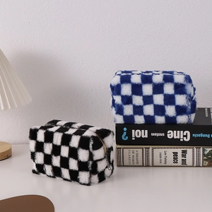 Checkered plush pencil case with large capacity and smooth zipper in black and blue colors