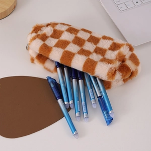 Detail view of large capacity checkerboard plush pencil case with zipper and blue pens