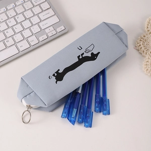 Large capacity blue canvas pencil case with cartoon dachshund print and metal ring zipper