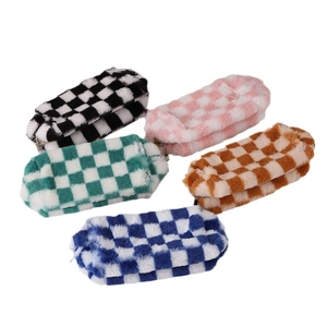Plush checkerboard pencil case set with large capacity and soft faux fur texture for students