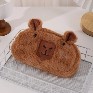 Detail view of plush Capybara pencil case showing soft furry texture and cute embroidery