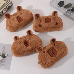 Cute Capybara plush pencil case large capacity stationery bag with soft brown fur