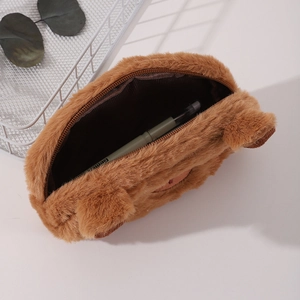 Detailed macro view of the fluffy plush Capybara pencil case with smooth zipper and inner lining