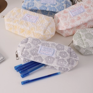 Quilted floral pencil cases in multiple colors with sweet girl embroidery and zippers