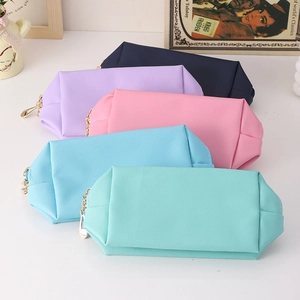 Waterproof PU leather travel cosmetic bags in multiple pastel colors with gold zippers