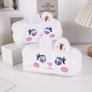 Trousse à crayons lapin en peluche blanche de grande capacité avec broderie