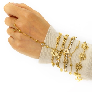 Vergoldetes Edelstahl Armband-Set mit Herz und Zirkonia am Modell mit Fingerring-Kette