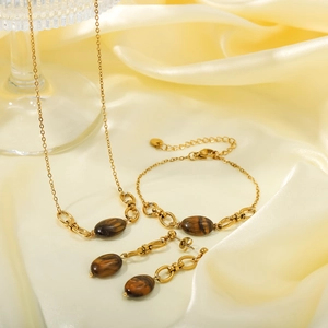 Parure rétro en acier inoxydable plaqué or 18 carats avec pierres œil de tigre