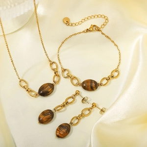 Parure de bijoux en acier inoxydable plaqué or 18K avec pierres oeil de tigre