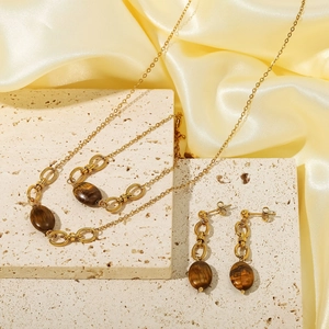 Parure de bijoux vintage en acier doré 18 carats avec pierres œil de tigre naturel