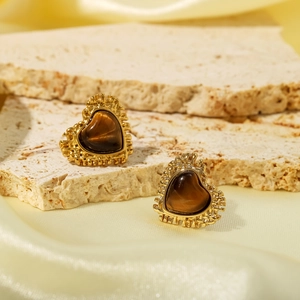 Vintage heart-shaped gold plated stainless steel earrings with tiger eye stone inlays