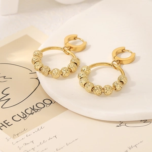 Classic 18K gold plated stainless steel hoop earrings with diamond-cut beaded pendants